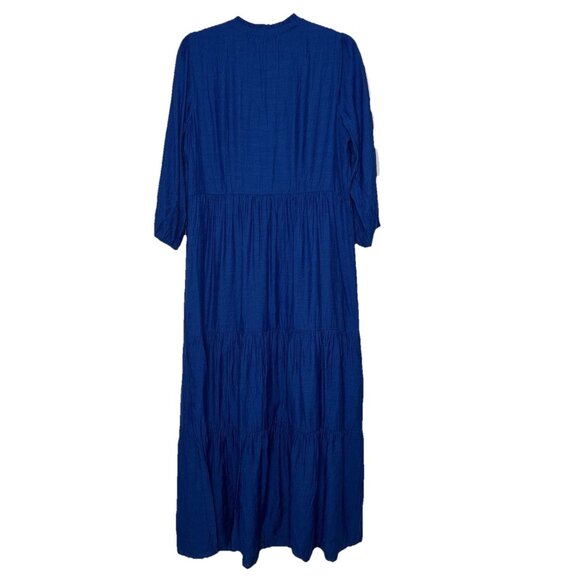 J Jill Ruffled Neck Tiered Maxi Dress M Tall Puff Sleeve Boho Blue - Picture 2 of 9